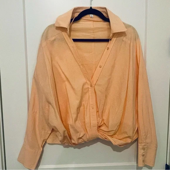 Mable Mariah Cropped Twist Hem Collared Button Up Blouse in Orange Cream - Picture 1 of 8